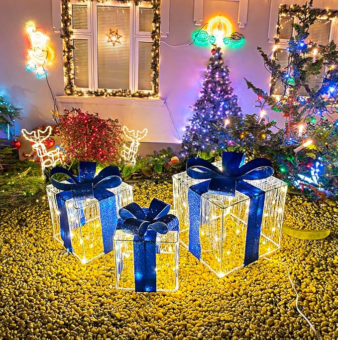 Christmas Decorations, Purtuemy Set of 3 Christmas Lighted Gift Boxes 140 LED Light up Present Ornament for Tree Indoor Outdoor Yard Holiday Door,Warm White