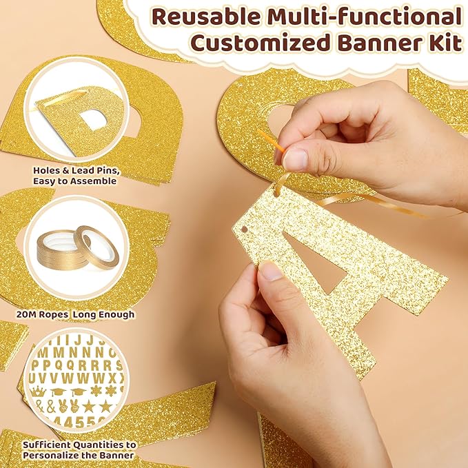 133PCS DIY Banner Kit with Letters Symbols,Make Your Own Banner,Personalized Gold Banner Custom Party Banner for Birthday/Graduation/Thanksgiving/Halloween/Valentine's Day/Retirement (Gold)