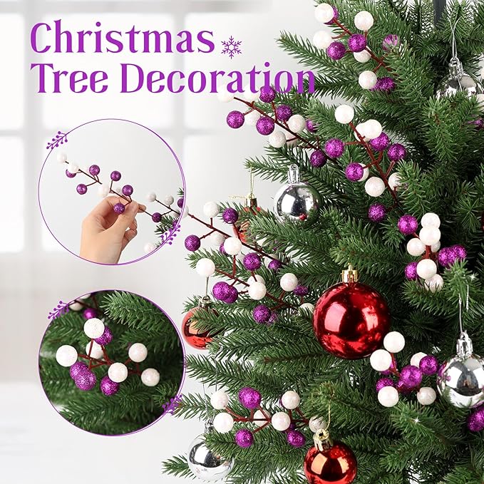 HOHOTIME 24 Pack Artificial Berry Stems Branches, Christmas Faux Purple White Holly Colorful Berries Branches Ornaments for Christmas Tree Wreath DIY Craft Decorations Holiday Home Decor