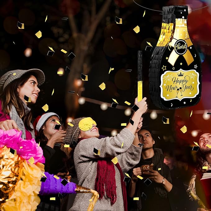 Capoda Happy New Year Champagne Piñata Set 16 x 8.3 x 3 Inches Champagne Bottle Black and Gold Piñata with Tassel Stick Blindfold Confetti for 2026 New Years Eve Party Games Supplies Decorations