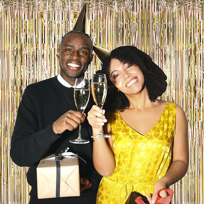 12 Pack Champagne Gold Foil Curtain Backdrop 3.2ft x 6.6ft Metallic Tinsel Fringe Backdrop Curtains Streamer Photo Booth for Birthday Engagement Bachelorette Christmas Holiday Party Décor
