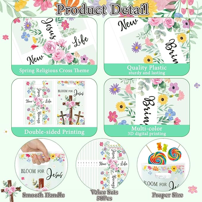 Spring Religious Party Favor Bag - 50Pcs Christian Cross Bible Floral Goodie Candy Treat Gift Bags Spring Flower Religious Party Supplies for Birthday Valentine's Day Easter Sunday School Church Gift