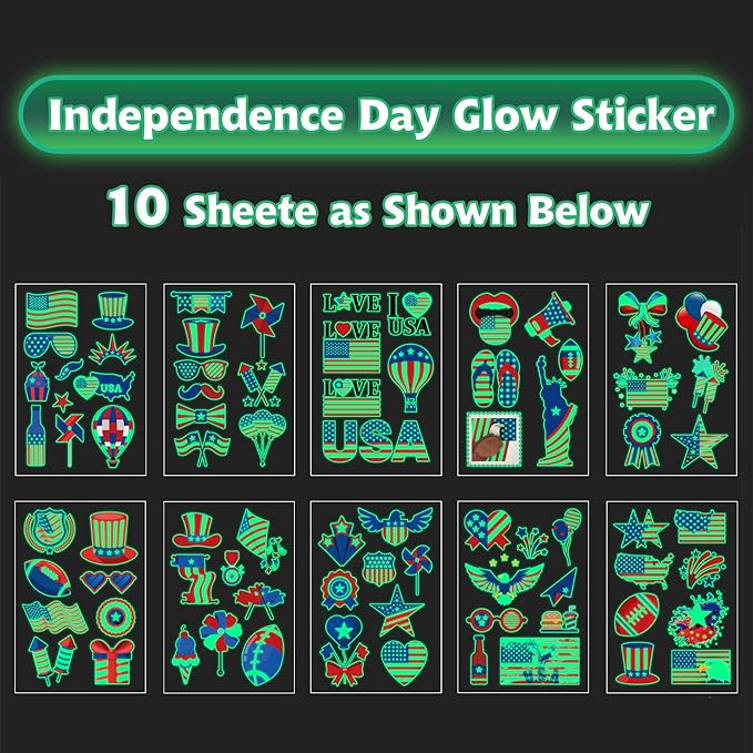70PCS 4th of July Decorations Temporary Tattoos，Red White and Blue Party Supplies，Fourth of July Glow in The Dark Sticker Patriotic Party Decorations Favors Supplies Independence Day Memorial Day Decorations