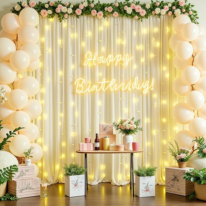 20x10FT Beige Backdrop Curtains with Lights for Parties,Wrinkle Free Wedding Photo Backdrop Curtains for Baby Shower Birthday Ceremony Reception Home Party Decorations-5ft x 10ft,4 Panels