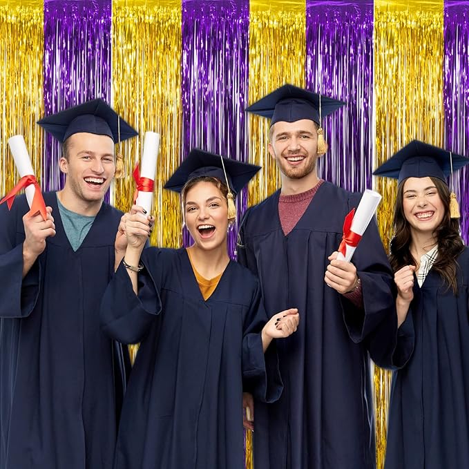 LOLStar Graduation Party Decoration, 2 Pack Purple and Gold 3.3x6.6 ft Foil Fringe Curtains, Tinsel Backdrop, Graduation Photo Booth Prop Streamer Backdrop for Class of 2026, Prom and Grad Party Decor