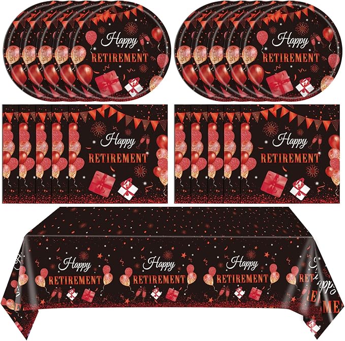 41PCS Retirement Party Supplies,Black Red Happy Retirement Party Decorations for Women Retired Paper Plates and Napkins Plastic Tablecloth for Women Going Away Disposable Dinnerware Set