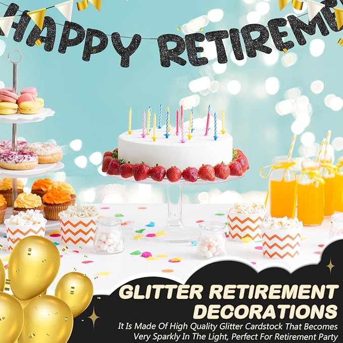 Fulmoon Pre Strung Happy Retirement Banner Glitter Retirement Sign Funny Official Retired Decor Party Decorations Supplies for Men Women Gifts (Black)