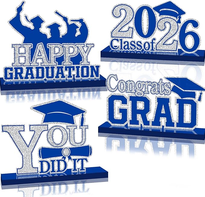 4Pcs Graduation Decorations Class of 2026 Wood Table Centerpieces Congrats Grad Wooden Sign Graduation Table Toppers Congratulate Tiered Tray Decor for 2026 Graduation Party (Blue-Silver)