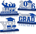 4Pcs Graduation Decorations Class of 2026 Wood Table Centerpieces Congrats Grad Wooden Sign Graduation Table Toppers Congratulate Tiered Tray Decor for 2026 Graduation Party (Blue-Silver)