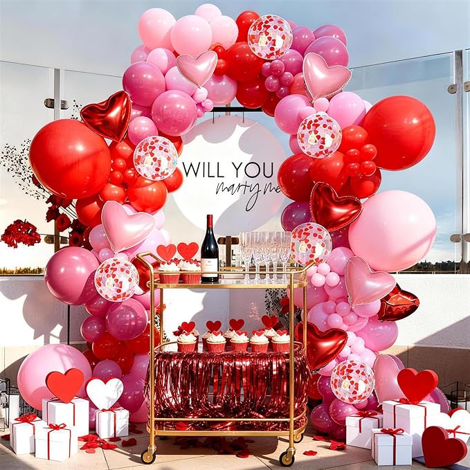 Valentine's Day Balloons Garland Arch Kit, 127Pcs Pink Red Rose Red Balloon with Red Pink Heart Foil Balloon for Valentine's Day Galentines Mother's Day Wedding Engagement Anniversary Party Decoration