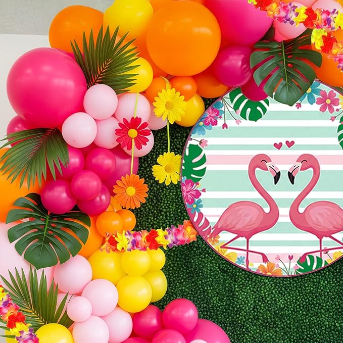 Summer Tropical Balloon Arch Kit Hot pink yellow orange Balloon Luau palm leaves Hawaiian leis backdrop For Baby Shower Island Beach Flamingo Pool Parties Tiki Aloha Birthday Party Decorations