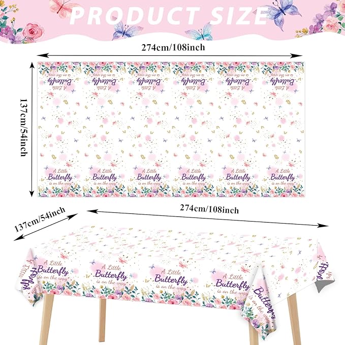 OBUSATT 3Pcs Butterfly Baby Shower Tablecloth Supplies - A Little Butterfly is On The Way Baby Girl Party Disposable Plastic Table Cover Pink Floral Princess Girl Party Decoration