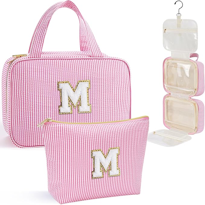 YOOLIFE Birthday Gifts for Women Teen Girls Kids, Initial Hanging Toiletry Bag for Women, Travel Toiletry Bag, Birthday Gifts for Mom Daughter Sister Friends, Letter M, Pink
