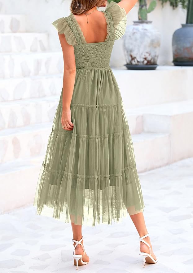 PRETTYGARDEN Women's Summer Tulle Midi Dress Sleeveless Smocked Ruffle Flowy Mesh Dresses Party Wedding Guest Sundress