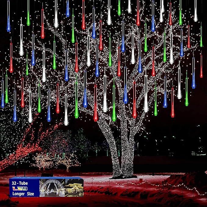 Christmas Outdoors Decoration, 32 Tubes Meteor Shower Lights Outdoor Indoor, Lauzior Snow Falling Icicle Cascading Lights for Christmas Halloween Decor Xmas Tree Holiday Yard Wedding Party, Multicolor