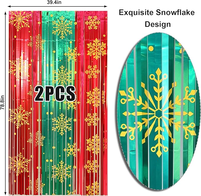 2 Packs Christmas Foil Fringe Curtain, Glitter Red Green Snowflake Metallic Tinsel Backdrop for Xmas Friendsmas Santa Claus Ugly Sweater New Years Eve Party Decoration Supplies