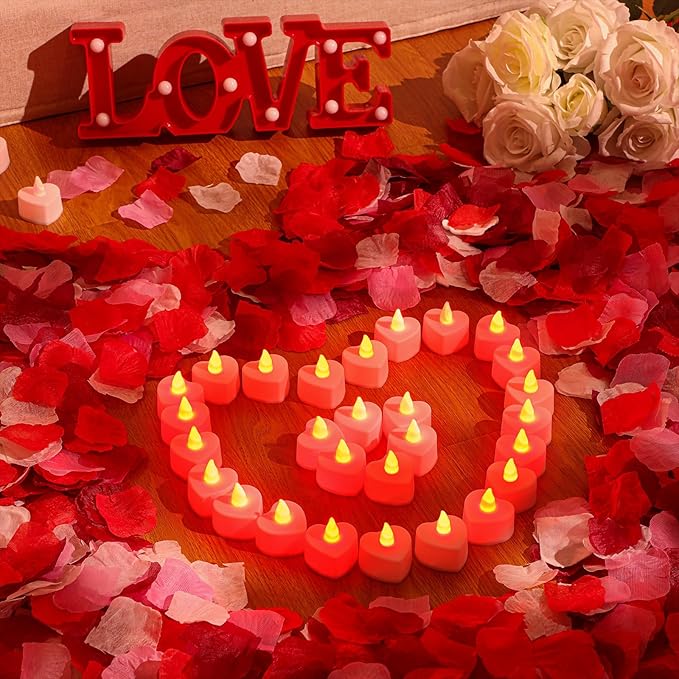 VIHOSE 4000 Pcs Artificial Rose Petals with 24 Pcs LED Tea Lights Candles Flameless LED Candles Fake Rose Petals for Wedding Birthday Party(Red Light, Bright Color Petal)