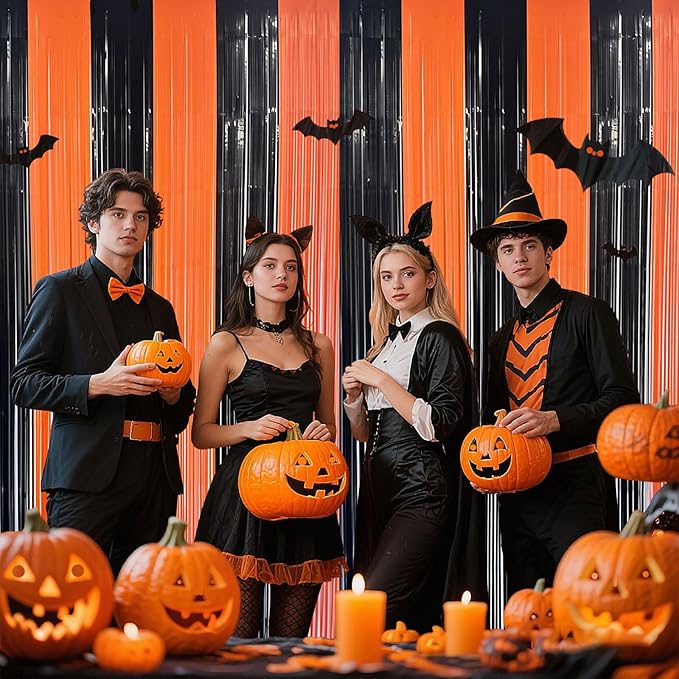Halloween Party Decorations Indoor, Black and Orange Halloween Backdrop Foil Fringe Tinsel Curtains Streamer for Photography - 2 Packs, 3.28 x 6.56ft