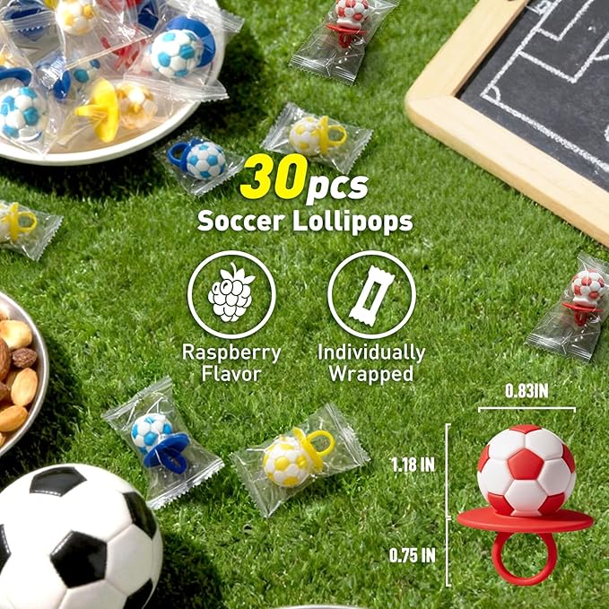 Soccer Ring Candy Lollipops Suckers Individually Wrapped Bulk for Birthday Party Favors, 3 Colors Sports Themed Ball Shaped Candies Goodie Bag Fillers, Team Treats, 30 Count