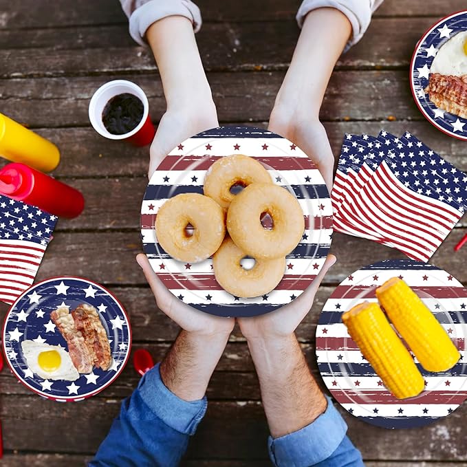 OuMuaMua 75 Pcs American Flag Patriotic Party Plates and Napkins, 4th of July Disposable Tableware Paper Set for Veterans, Election, July 4th Independence Day Party Supplies Decorations, Serves 25