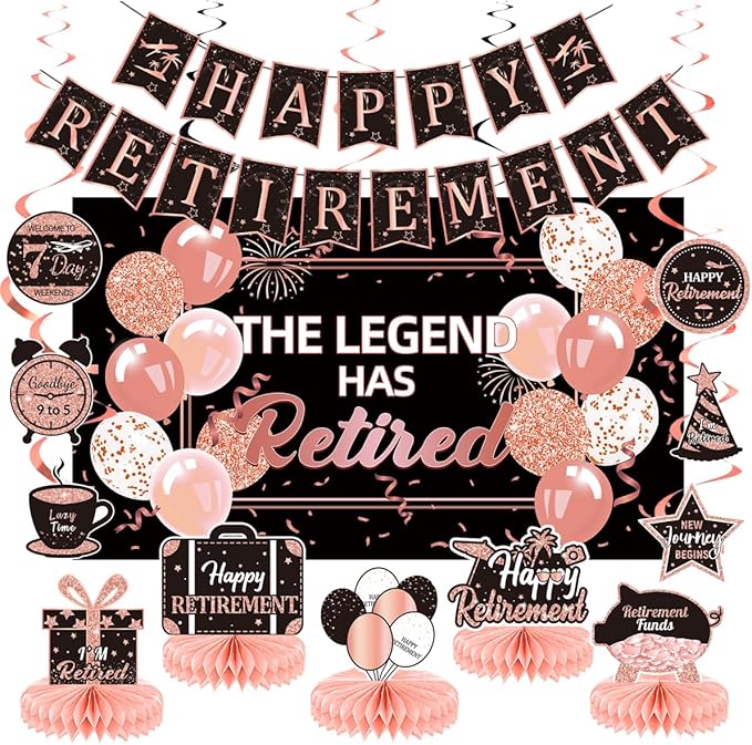 Happy Retirement Party Decorations Men Women, Rose Gold Retirement Party Decorations, Happy Banner, Backdrop, Hanging Swirls, Honeycomb Centerpiece