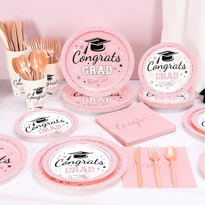 Whaline 175 Pcs Graduation Paper Plates and Napkins Set Dinnerware Pink Congrats Grad Disposable Tableware Cups and Cutlery for 25 Guests Graduates Party Supplies