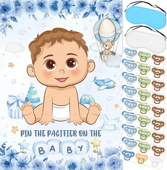 Pin The Pacifier On The Baby Game, Blue Baby Shower Decoration Pin Pacifier on Baby Poster Game with Poster 48 Pacifier Stickers Blindfold Game for Blue Bear Baby Shower Birthday Party Decorations