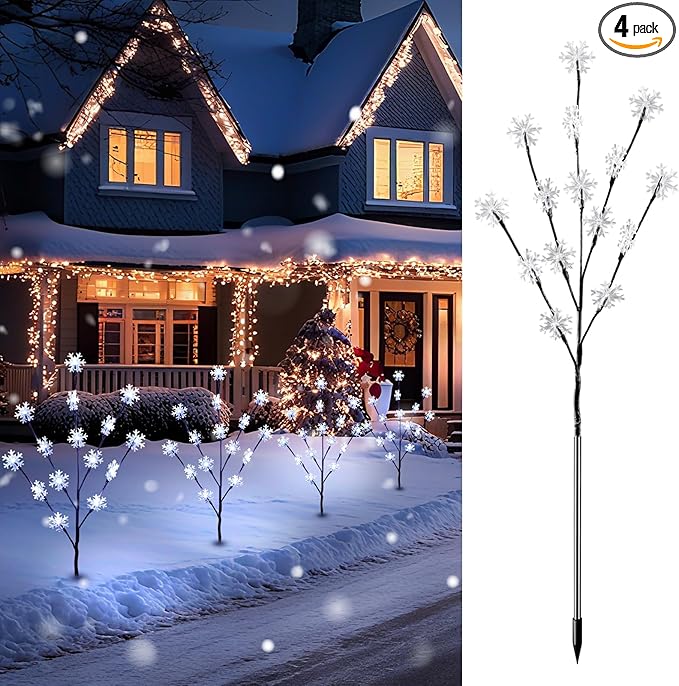 Brightown Snowflake Lights Outdoor Pathway, 4 Packs Lighted Branches Christmas Yard Decor, Small Christmas Tree with Lights, Twig Branch Light Outdoor Christmas Decorations Yard, White