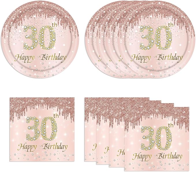 30th Rose Gold Birthday Plates and Napkins, 9 Inch Pink Rose Gold Disposable Dinner Dessert Plates Happy 30th Birthday Party Supplies Decorations for Girls Women