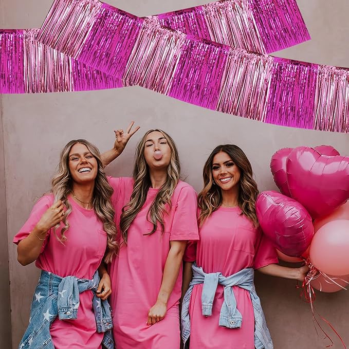 BEISHIDA 3 Packs Metallic Foil Fringe Garland Pink Mix Wall Hanging Tinsel Fringe Banners for Car Floats Birthday Baby Bridal Shower Wedding Graduation Holiday Party Decoration(30 Feet)