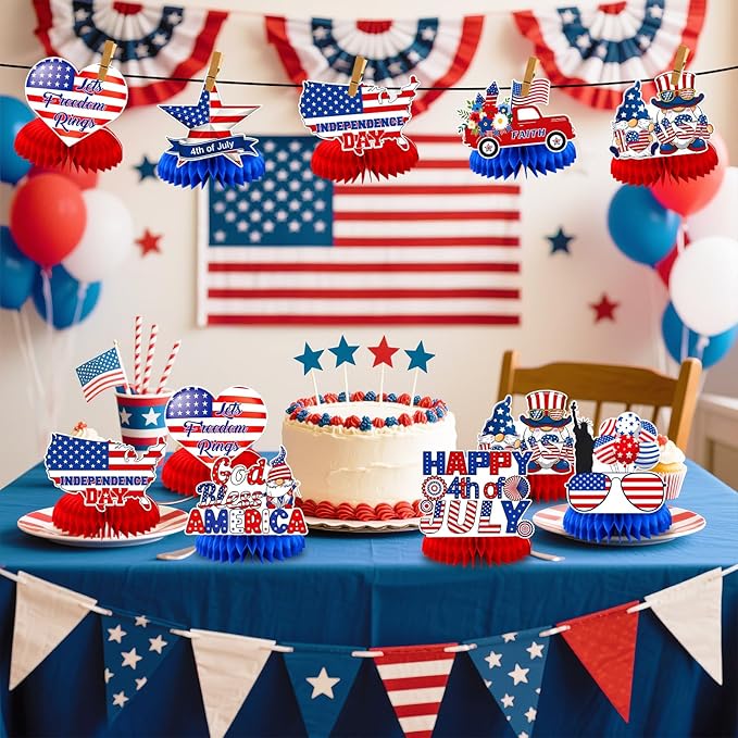 JULMELON 8PCS 4th of July Table Decorations Honeycomb Centerpieces, 3D Double Sided Fourth of July Centerpieces for Tables Patriotic Decor Independence Day Party Supplies