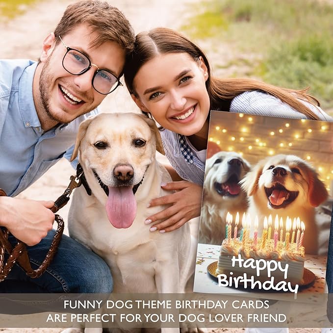 Gooji 5x7 Dogs Birthday Card, Funny Humorous Cute Card for Wife Husband Teenage Young Boy Girl Men Women Adult, Golden (Candles)