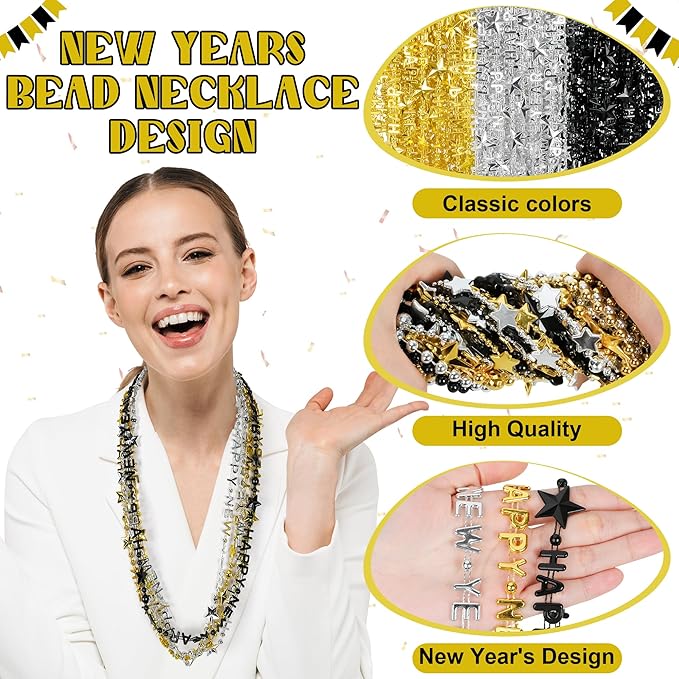 48PCS New Years Necklace, 3 Kinds New Years Eve Bead Necklaces Party Supplies 2026 Bulk, HAPPY NEW YEAR Star Necklace Accessories, Black Gold Silver Bead Necklace 2026 for New Year Party Decorations
