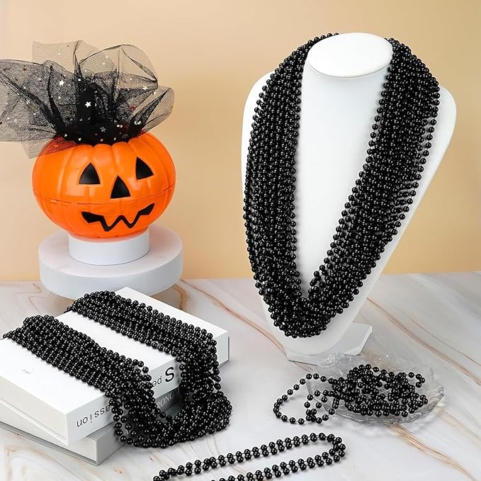 144 PCS Black Bead Necklaces, Black Mardi Gras Beads, New Year Eve Necklaces, 33 Inch Round Halloween Beaded Necklace, Party Beads for Mardi Gras, Christmas, Halloween, New Year Party Favors