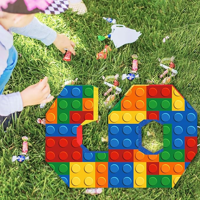 Number 9 Pinata Building Blocks 9th Birthday Party Decorations with Pinata Stick Blindfold for Kids Happy Birthday Building Block Theme Party Supplies for Boys Girls (16 x 10.6 x 3 In)