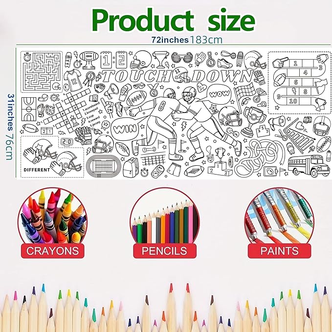 Giant Football Coloring Tablecloth for Kids,Large Coloring Posters for Kids Art Craft Home Birthday Party Supplies 30 x 72 Inch