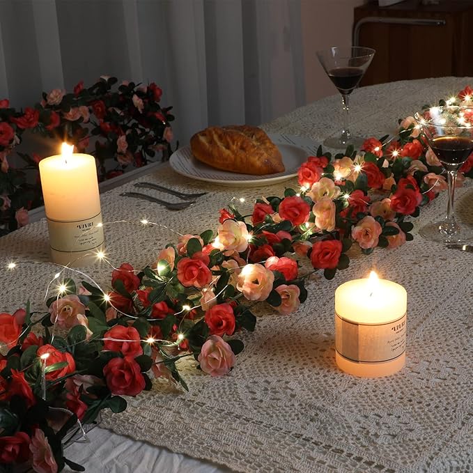 MARTINE MALL Rose Vines with 99 Ft/300 LED String Lights, Floral Garland for Bedroom, Wedding Decor