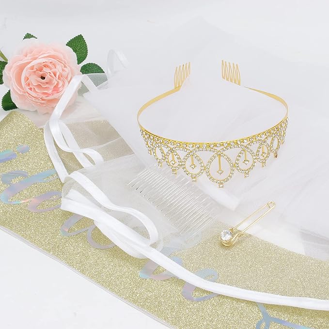 CIEHER Crown + Bride to Be Sash + Wedding Veil Set, Bachelorette Party Bridal Shower Decorations Bride to Be Gifts - Gold