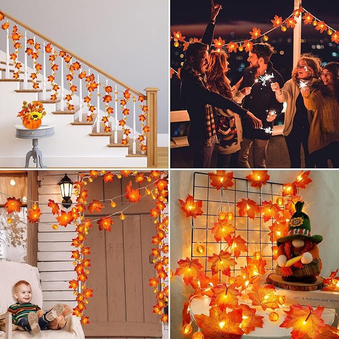 3 Pack&Timer - Fall Decor Fall Garland with Pumpkin Lights Thanksgiving Fall Decorations for Home, 30Ft 60LED 3D Pumpkin Fall Lights Patented Enlarged Maples Leaf Battery Operated Halloween Decor