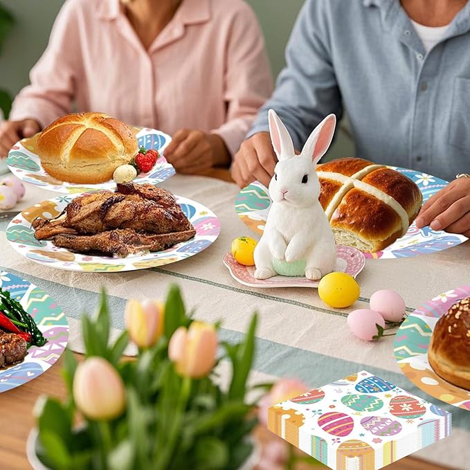 200PCS Easter Plates and Napkins Tableware Set, Easter Eggs Designed Disposable Dinnerware with Paper Plates, Napkins,Paper Cups,knives,Forks,Spoons and Straws for Party Supplies- Serves 25