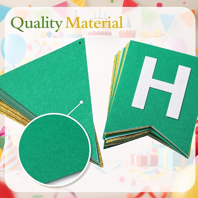 Irenare 4 Pieces Happy Birthday Banner Colorful Birthday Party Decor Rainbow Felt Garland Banner Party Decorations Supplies (Gradient Green and Gold)