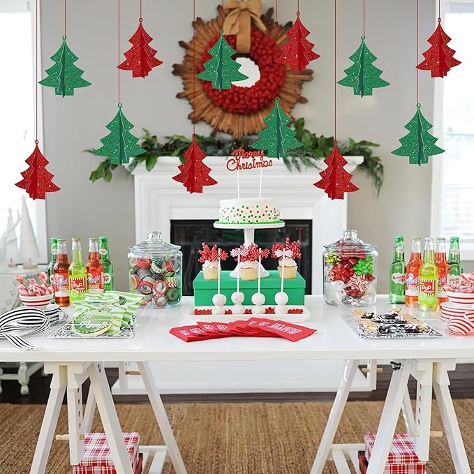 BEISHIDA Red Green Christmas Decorations, 14 Pcs 3D Christmas Tree Paper Garland Xmas Hanging Streamer Party Decorations for Baby Shower New Year Party Supplies