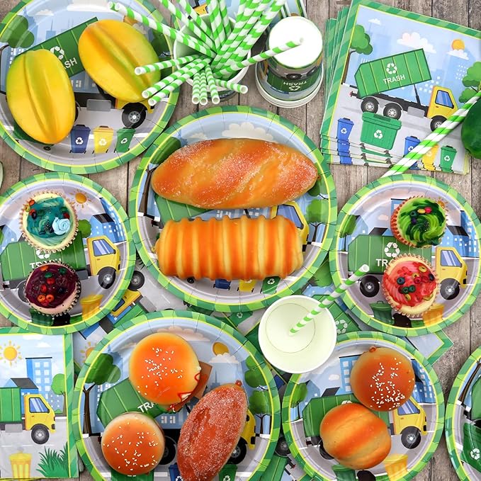Trash Truck Birthday Party Decoration - Garbage Truck Birthday Party Tableware Supplies Includes Plates, Cups, Napkins, Tablecloth, Straws (40)