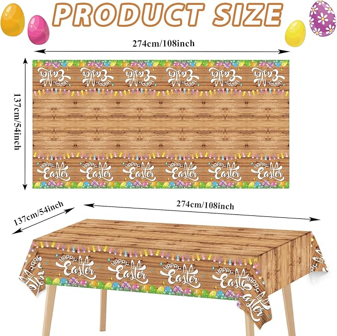 OBUSATT 3PCS Easter Tablecloth Plastic Easter Rustic Wooden Wall Theme Disposable Table Cover Bunny Rabbit Colorful Eggs Rectangular Tablecloth for Spring Party