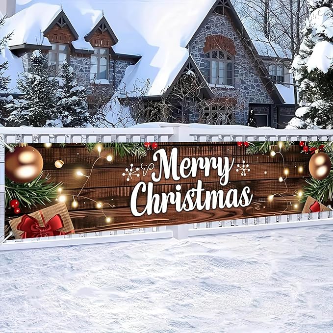 Outdoor Merry Christmas Hanging Banner 78.7x17.7 Inches Christmas House Fence Banner Decoration Holiday Party Supplies Vintage Xmas House Garaged Indoor Outside Christmas Party