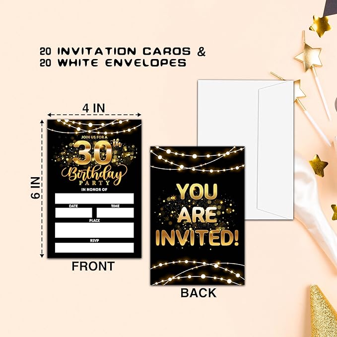 30th Birthday Invitations, Birthday Party Invitations For Women Men, 30 Year Old Birthday Invites, Black Gold Birthday Party Decorations Favors, 20 Invitations with 20 Envelopes - C07