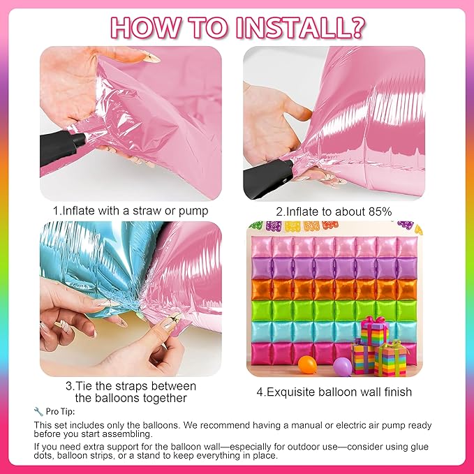 HOMEZZO Fiesta Theme Balloon Wall Backdrop - 50 PCS Rainbow Square Double Sided Square Foil Balloons for Mexican Fiesta, Cinco de Mayo, Birthday, Taco Party Decorations