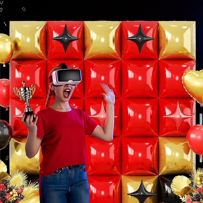 32PCS Black Red Square Foil Balloons Kit, Double Sided Red Black and Metallic Gold Balloon with Star Balloons Backdrop Flat Tunnel for Birthday Graduation Casino Game Race Car Party Decor Background