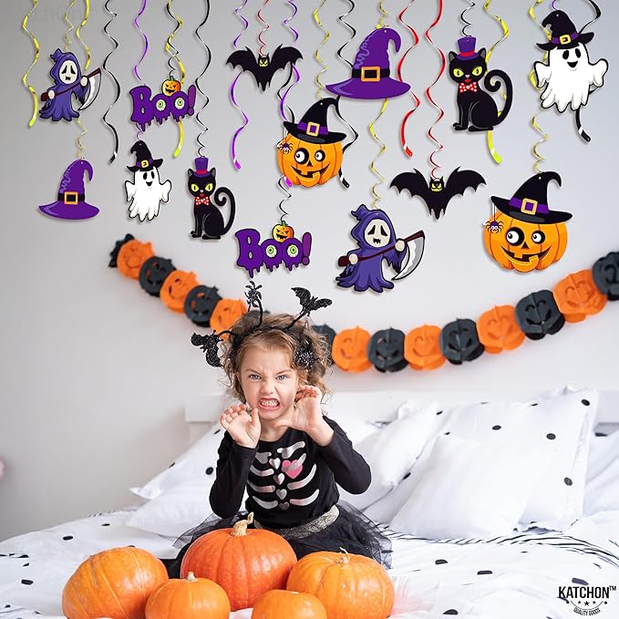 KatchOn, Halloween Hanging Decorations - Large, Pack of 28 | Spooky Halloween Hanging Swirls for Halloween Party Decorations | Halloween Ceiling Hanging Decorations for Halloween Decorations Indoor