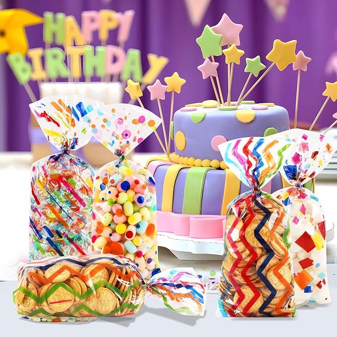SOMIOCO Rainbow Cellophane Treat Bags Party Favor Bags 5x11 in 100 Pieces Plastic Candy Bags Gift Bags Goodie Bags with Twist Ties for Valentine, Birthday,Cookie Snack Packing Party Bags (4 Pattrerns)
